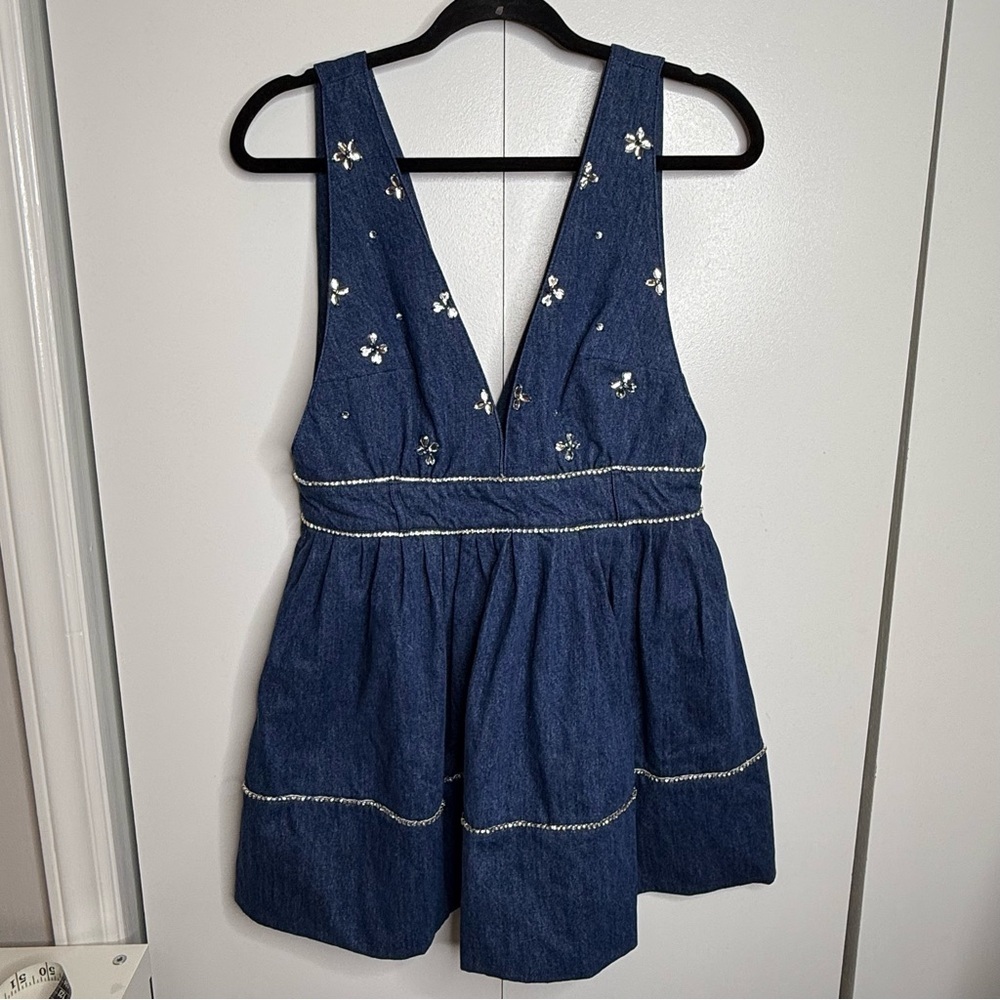 Free People Aultry Embellished Mini Dress Denim Rhinestones Small NWT - Picture 2 of 10